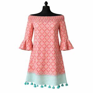 Cabana Life Coral Tide Smocked Off-Shoulder UPF 50+ Dress XL Aqua Tassel Boho